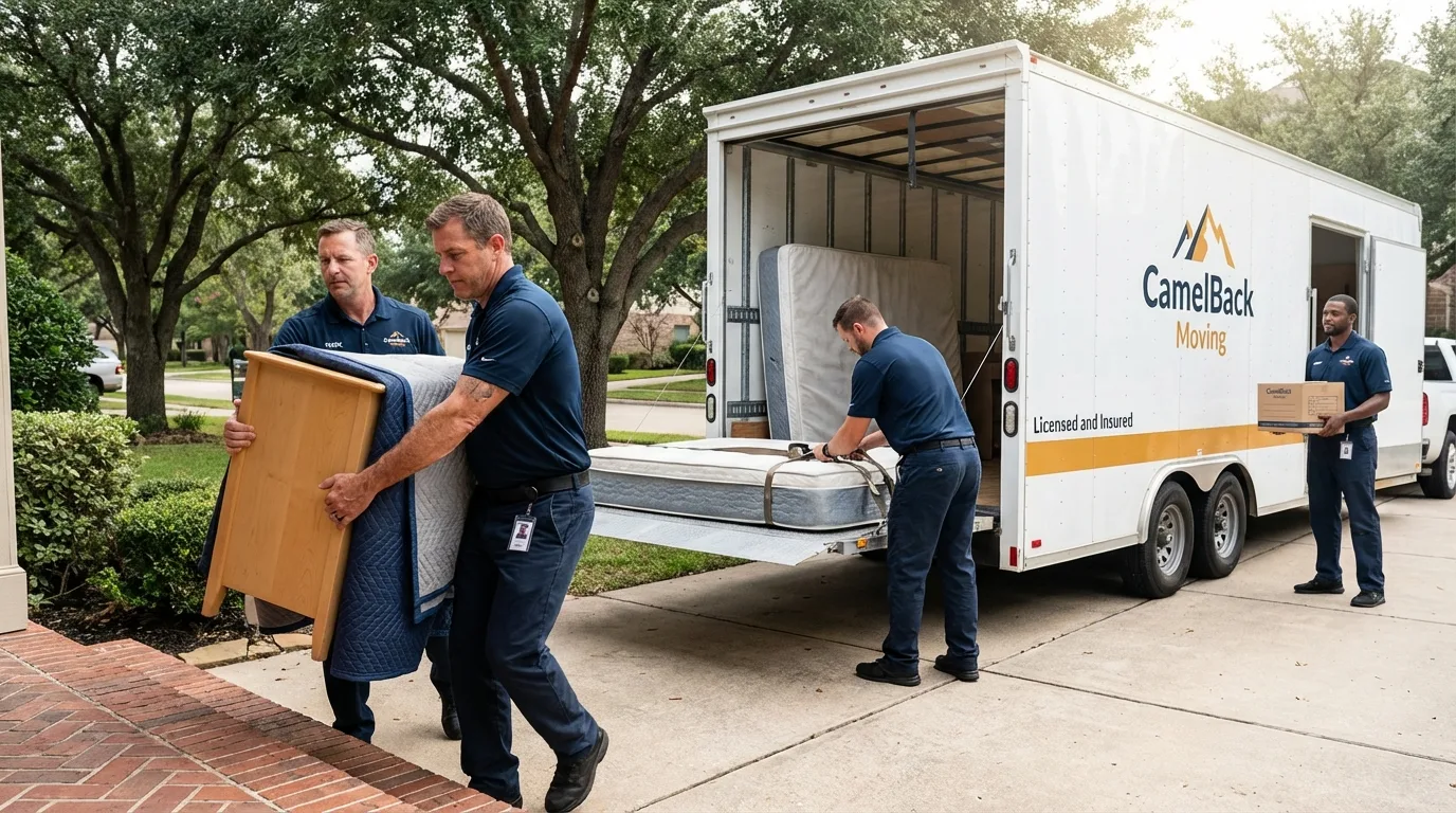 Crew loading residential truck for cross-state move from Urania, LA
