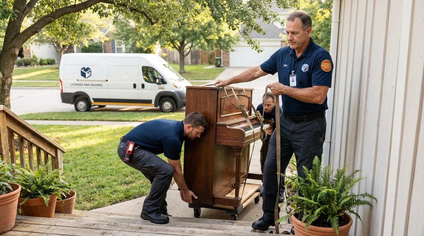 Licensed piano movers securing grand piano in Urania, LA