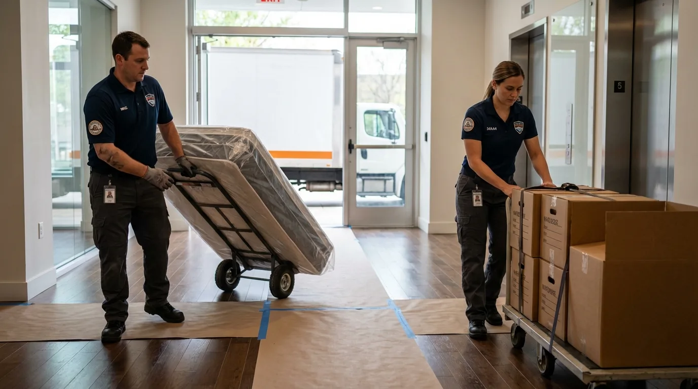 Professional apartment movers loading elevator in Urania, LA