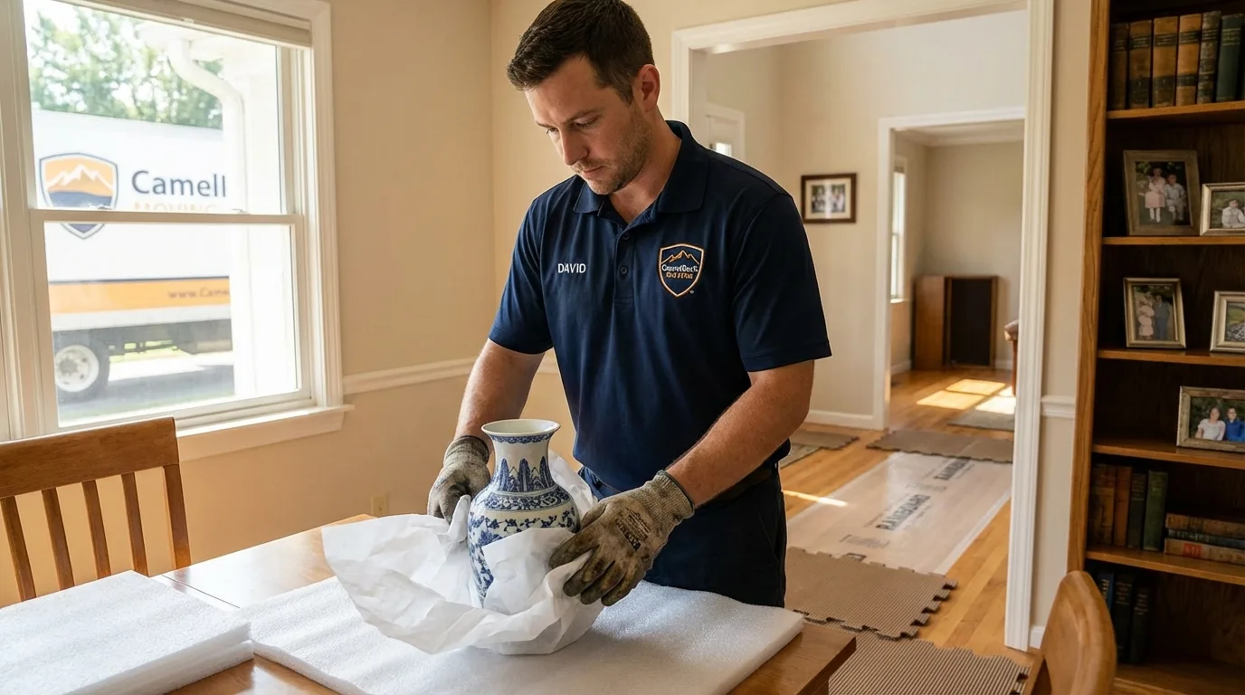 Professional crew carefully wrapping antique vase for senior downsizing move in Urania, LA