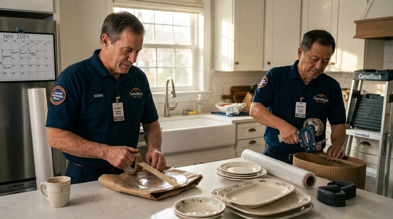 Professional crew packing kitchen dishware in Urania, LA
